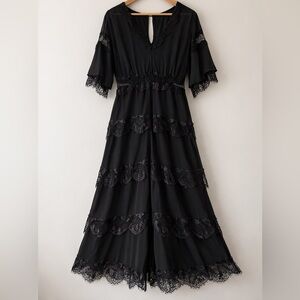 Black Lace Tiered Maxi Dress Romantic Goth Witchy Boho Dark Cottagecore Size L